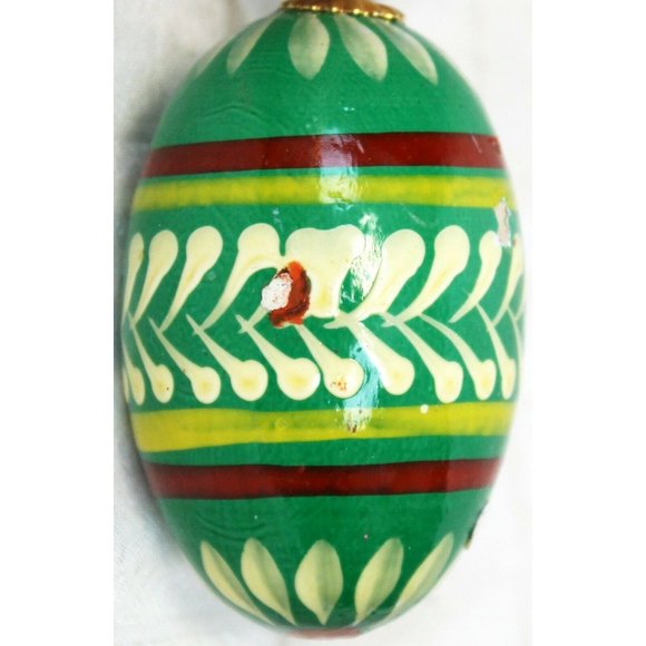 Polish Wooden Egg Ornament Painted Green Red Yellow Designs Christmas Holiday - Picture 11 of 11